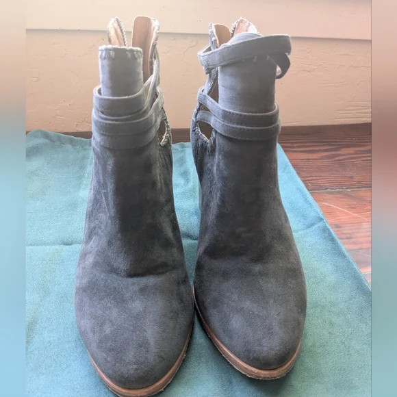 Anthropologie Suede Block Heel Ankle Boots Gray Taupe Cutout Strap Size 8 - Picture 2 of 6